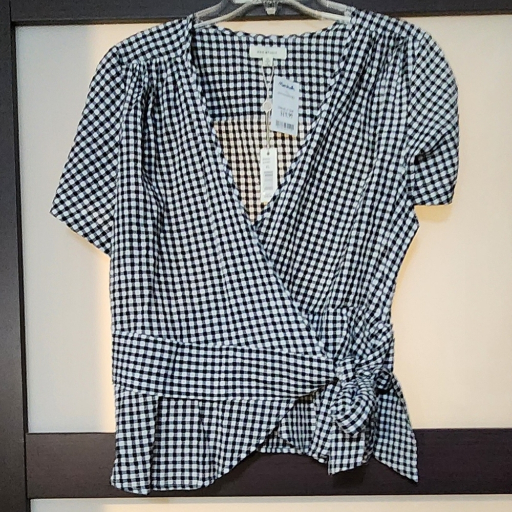 Max Studio Black & White Gingham Wrap Top XL New Nwt